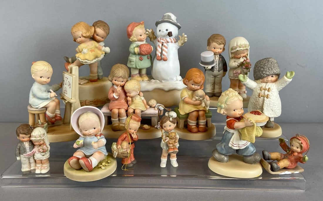 Group of 1990s Enesco Memories of Yesterday Porcelain Figurines: Includes music boxes, Christmas ornaments, largest measures 7" x 5 1/4" x 3 1/2"