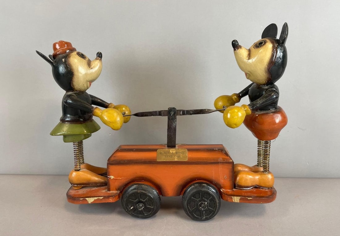 Modern Disney Mickey and Minnie Wood Hand Car Toy: Some paint chipped, measures 14" x 17" x 6"