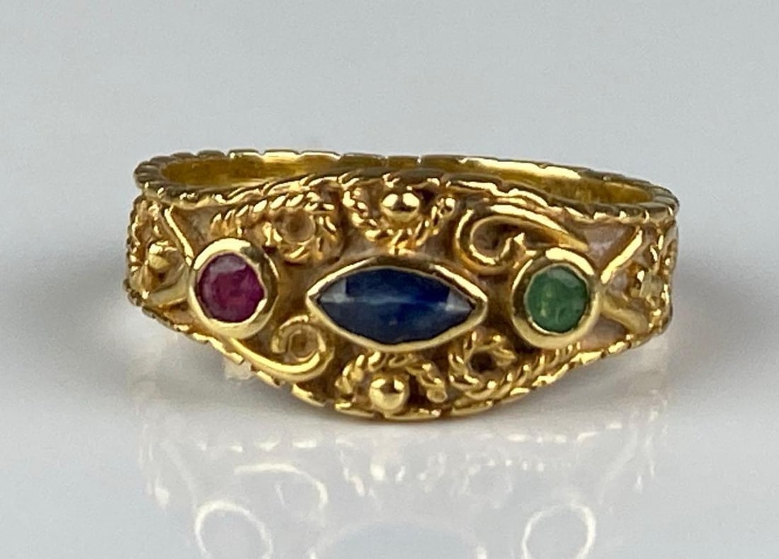 Signed 18K Yellow Hold Multi-Gem Ring: Total weight of 2.9 grams, size 5 1/2, features sapphire, emerald and ruby