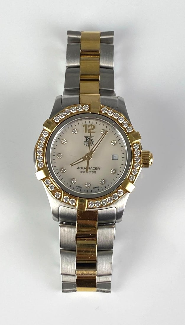 Tag Heuer 18K Yellow Gold Diamond Aqua Racer Wristwatch: Untested, need new battery, stainless steel and 18K Yellow gold, Sapphire crystal, includes additional links, Inner circumference measures 6
