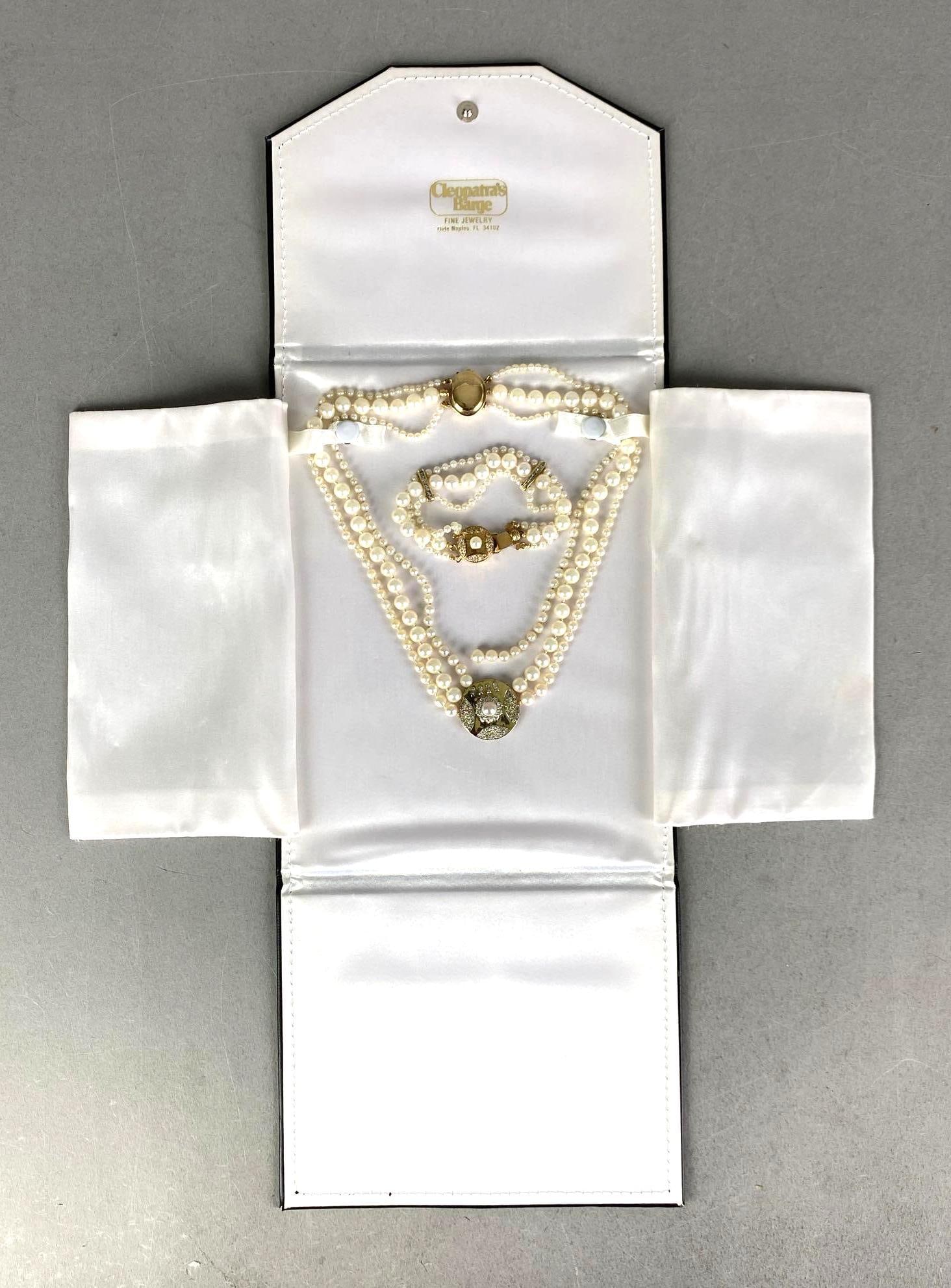Cleopatras Barge 14K Yellow Gold Diamond 3 String Pearl Necklace and Bracelet Set: In original boxes, Necklace pendant is plated, one Pearl string on necklace not attached fully, Necklace measures 18? in length
