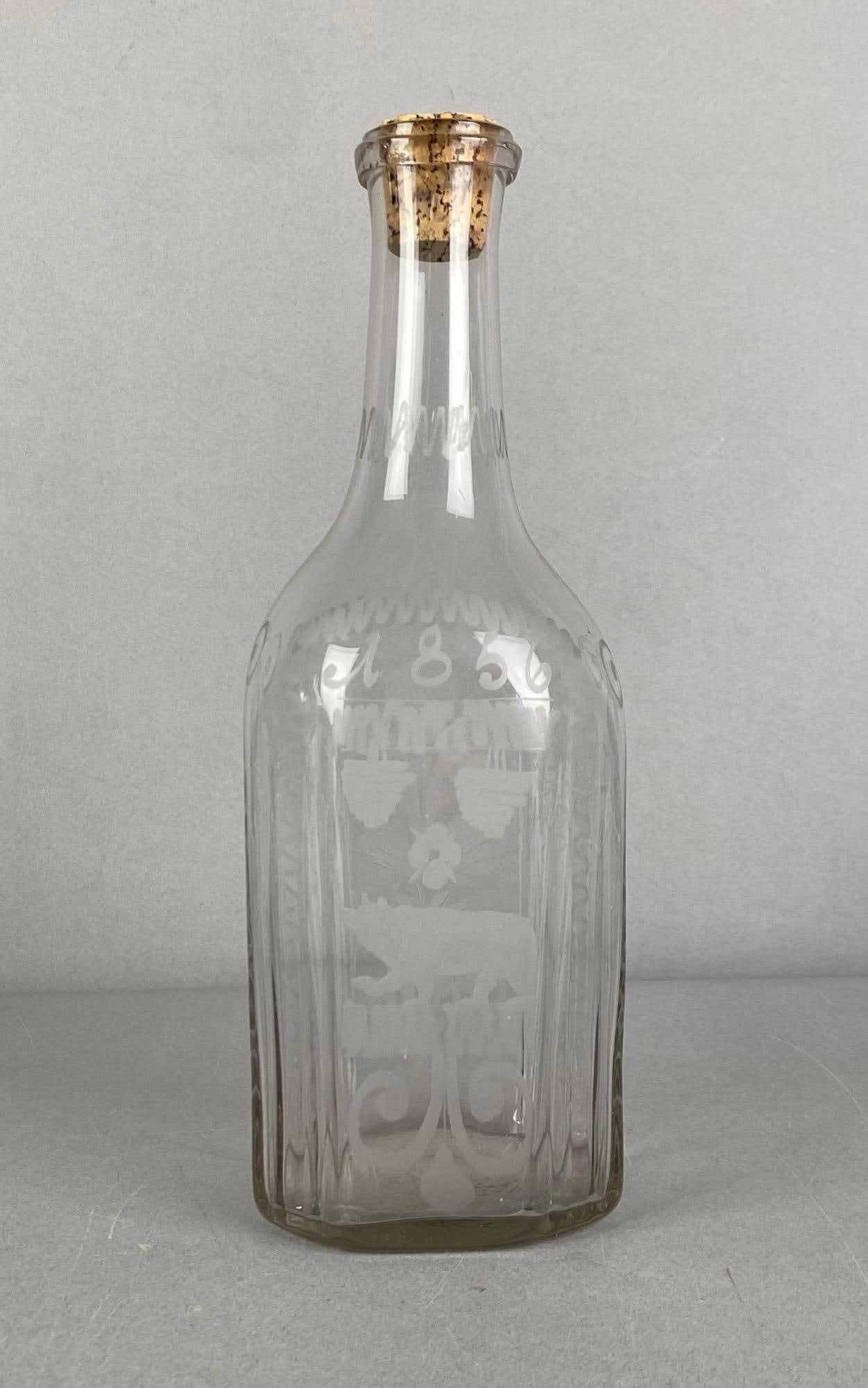 1856 Etched Glass Bottle: 1856 Etched Glass Bottle, Measures 10 1/4? H x 3 1/2? W x 3? D