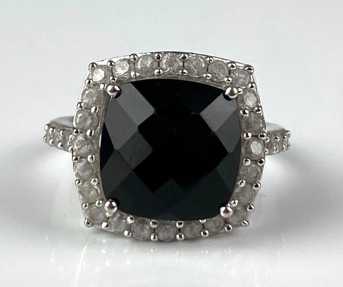 10K Plated White Gold Onyx CZ Ring: size 7