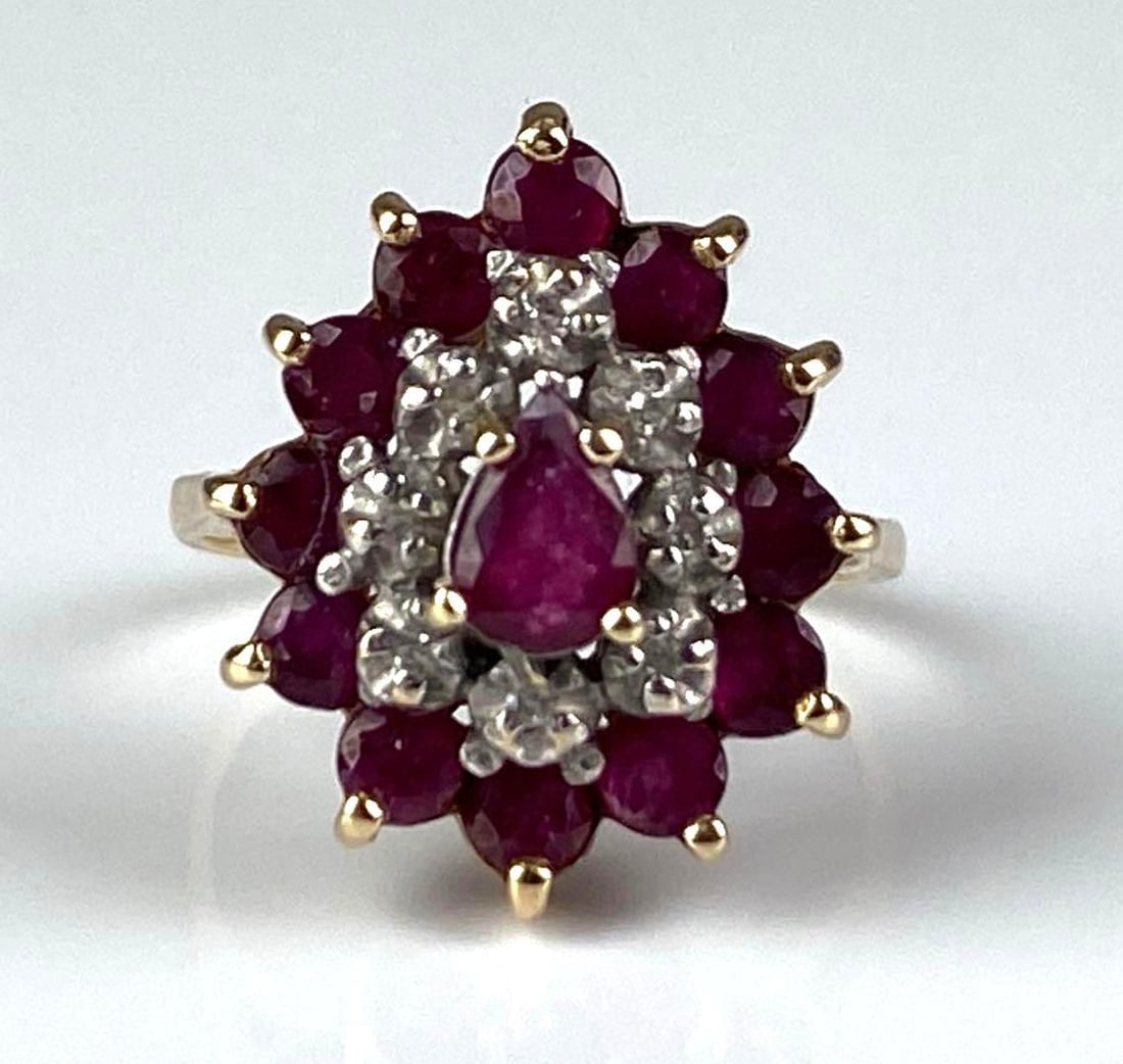Signed 10K Yellow Gold Ruby Diamond Cluster Ring: total weight of 3.7 grams, size 6 1/4