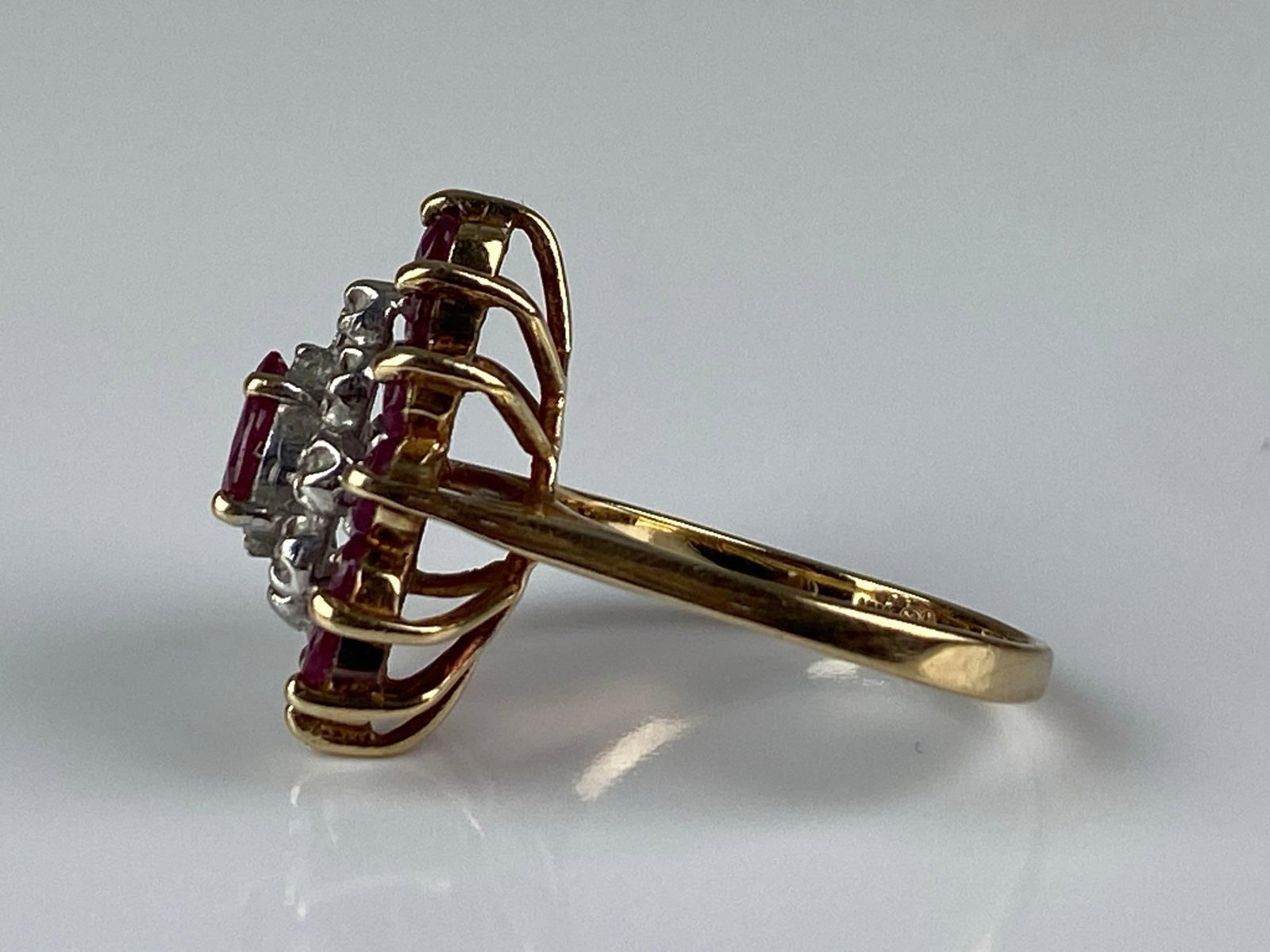 Signed 10K Yellow Gold Ruby Diamond Cluster Ring - 2