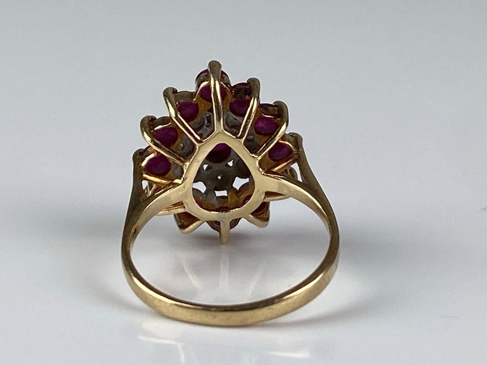 Signed 10K Yellow Gold Ruby Diamond Cluster Ring - 3
