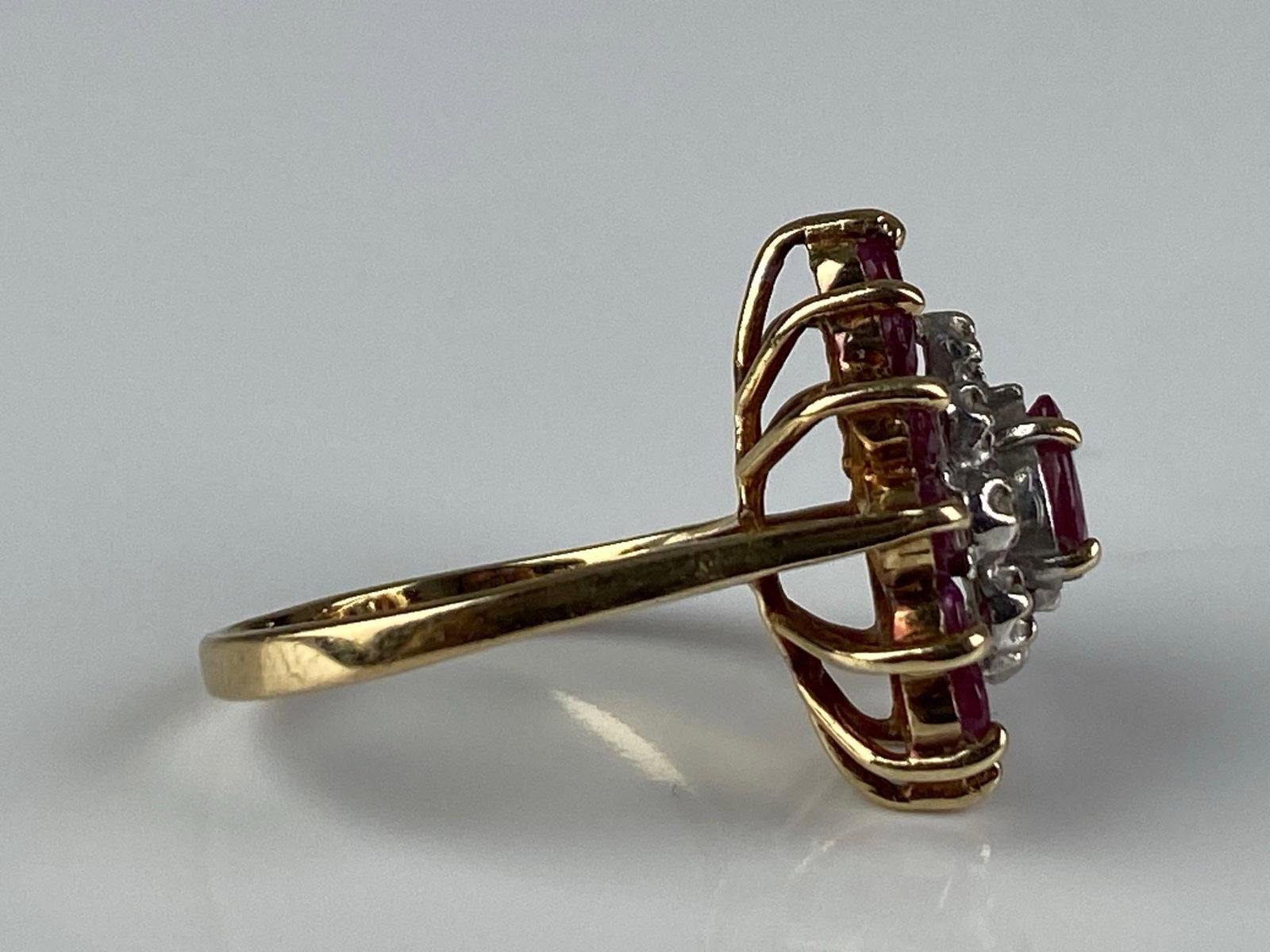 Signed 10K Yellow Gold Ruby Diamond Cluster Ring - 4
