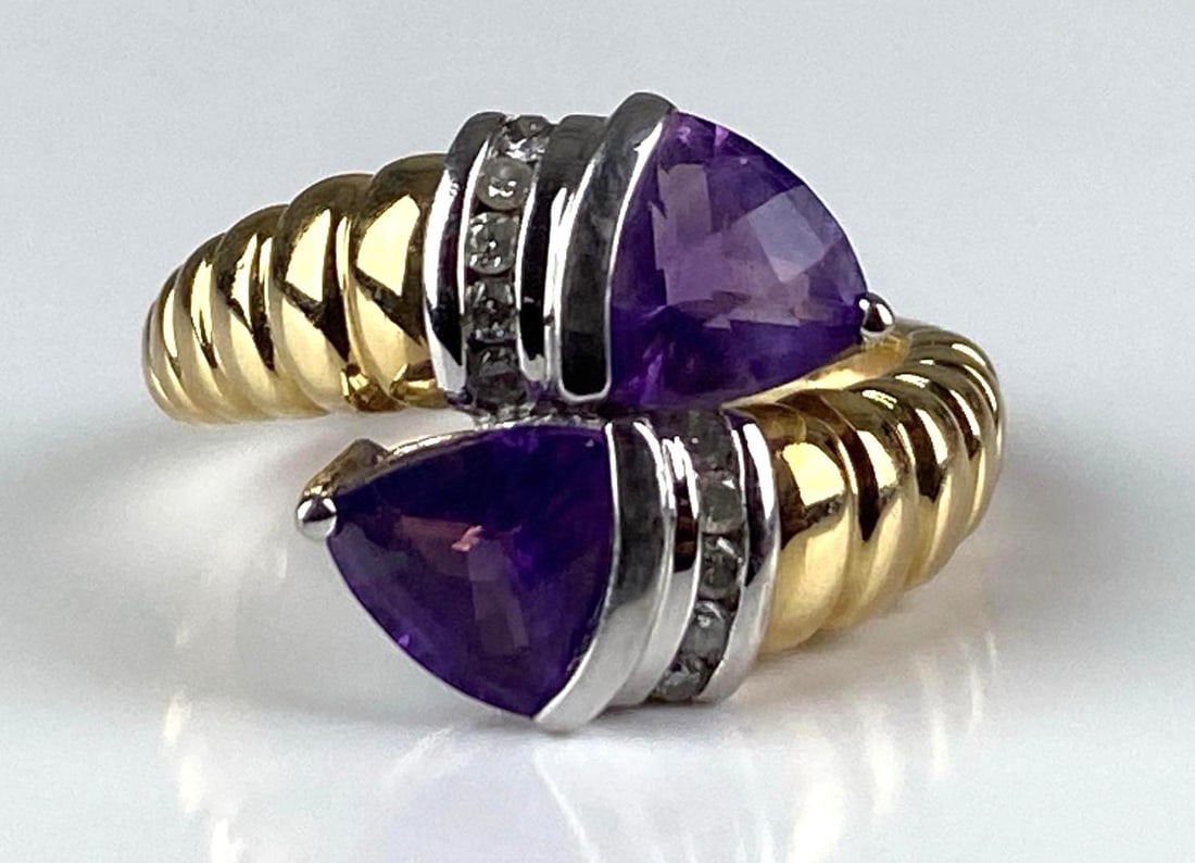14K Yellow / White Gold Amethyst Diamond Bypass Ring: total weight of 6.1 grams, size 7