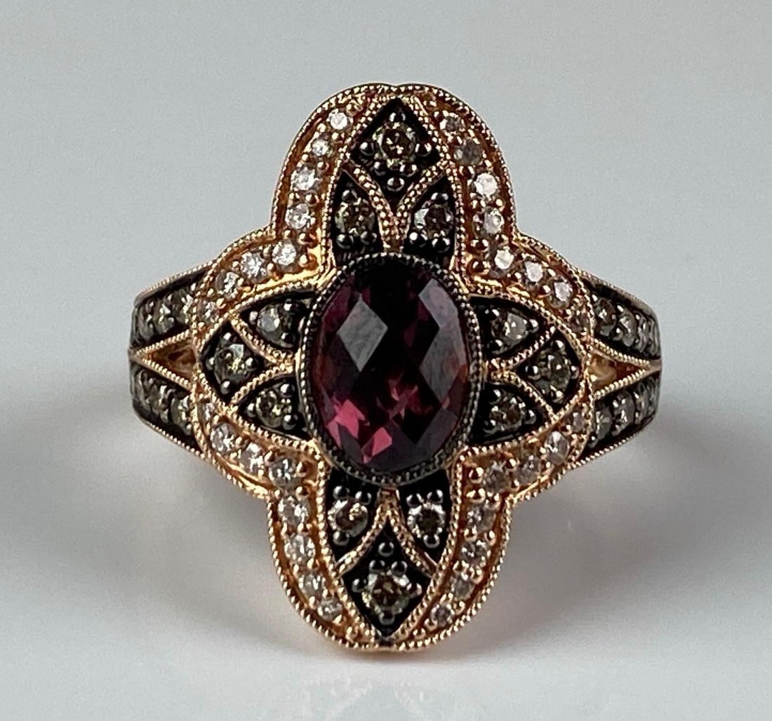Le Vian Signed 10K Rose Gold Multi-Gem Ring: total weight of 7.5 grams, size 7, features rhodolite garnet and diamond
