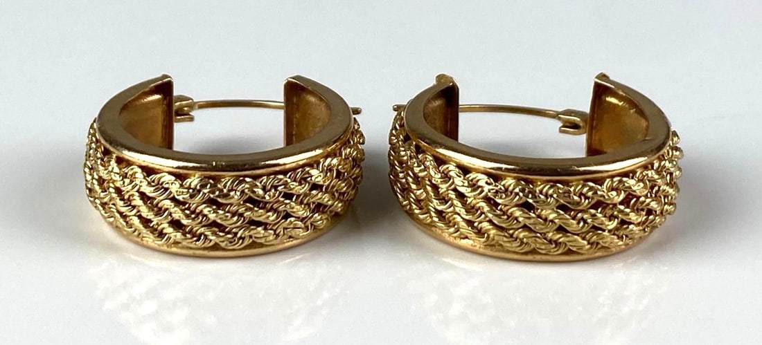 Pair of 14K Yellow Gold Rope Twist Hoop Earrings: Total weight of 4.9 grams, each measures 1? H x 1? W