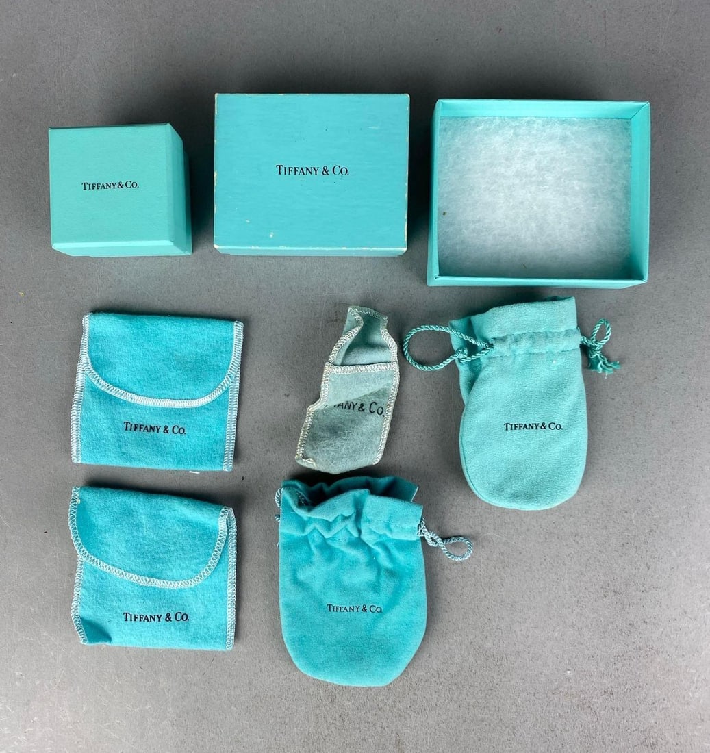 Group of Tiffany and Co. Jewelry Boxes and Bags: Empty, largest measures