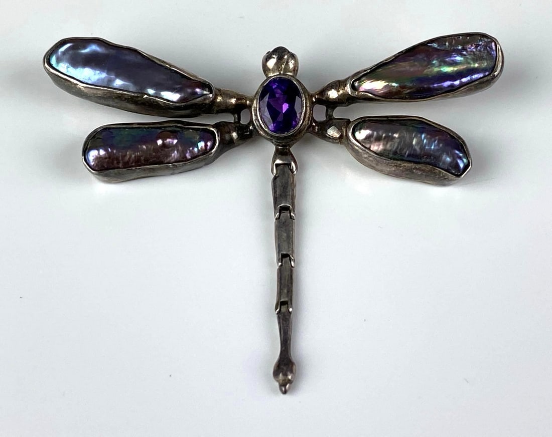 Signed Sterling Silver Amethyst Abalone Dragonfly Pendant: Measures 2 1/4? H x 3? W
