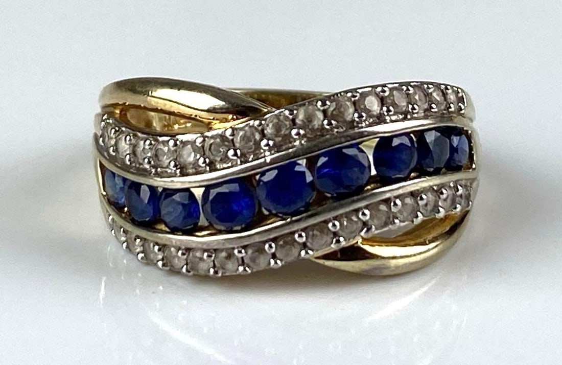 Signed Sterling Silver Sapphire Diamond Ring: size 7
