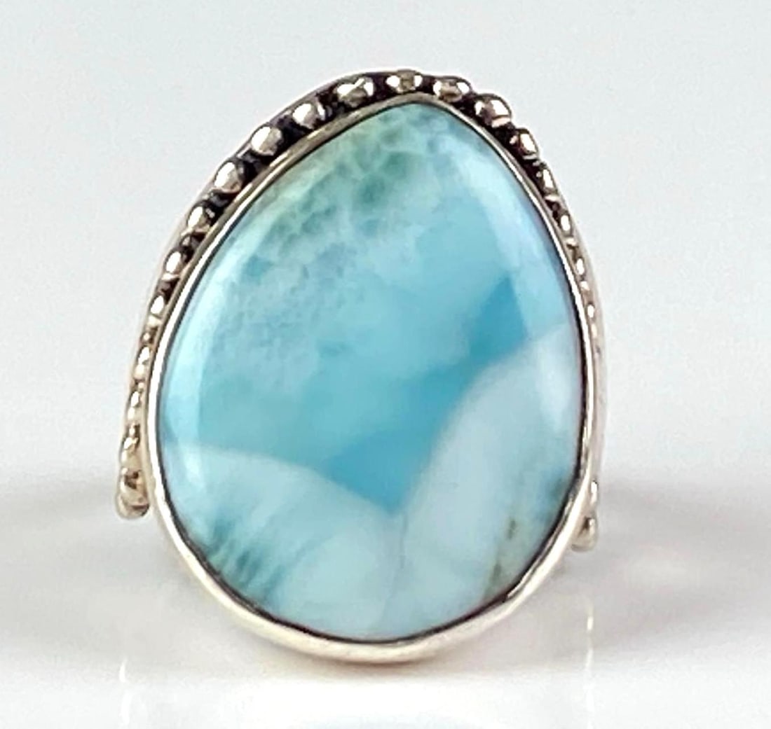 Sajan Signed Sterling Silver Teardrop Larimar Ring: size 8