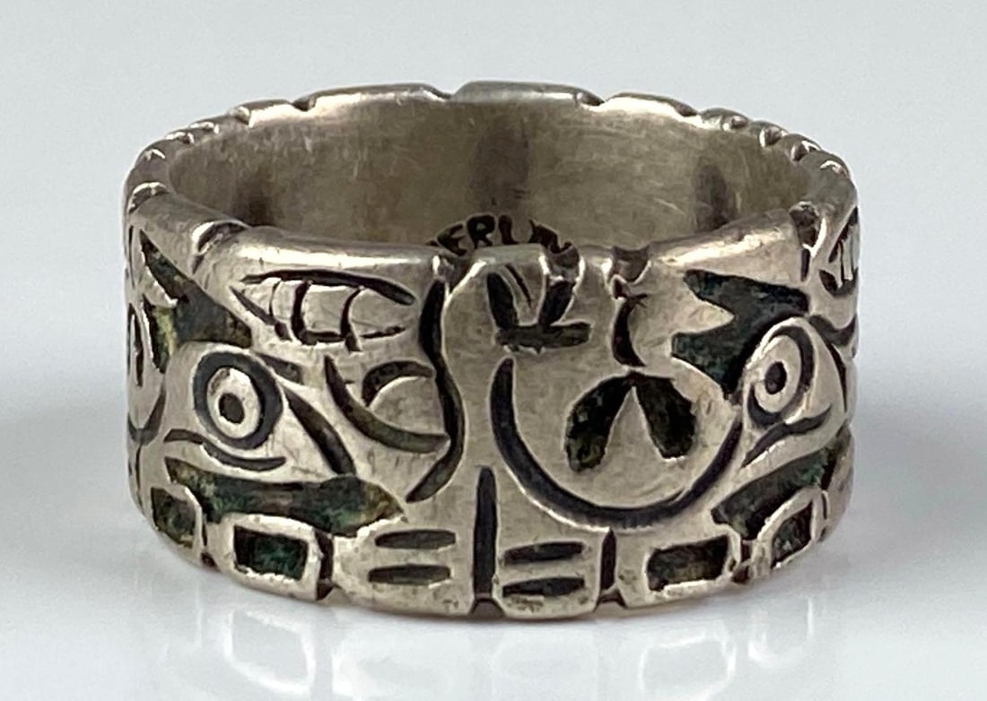 Mexican Sterling Silver Folk Art Ring: Size 11 1/2