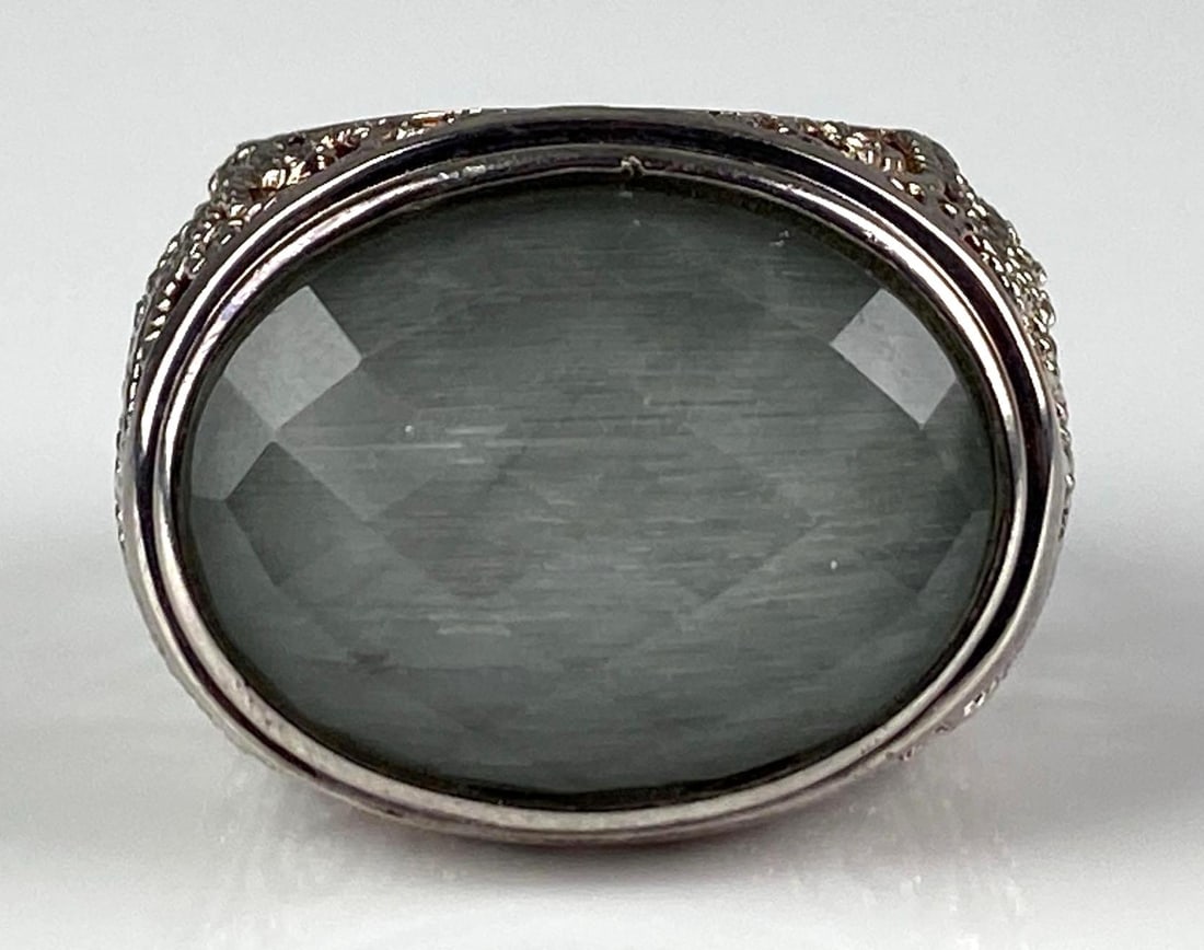 Signed Sterling Silver Gray Quartz Twisted Filagree Ring: Size 9, measures 3/4? H