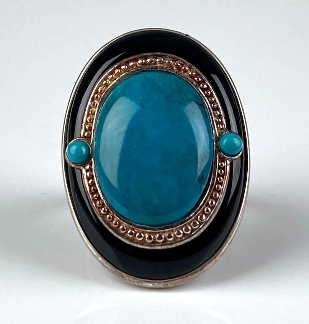 Chinese Sterling Silver Turquoise Enamel Ring: Size 8