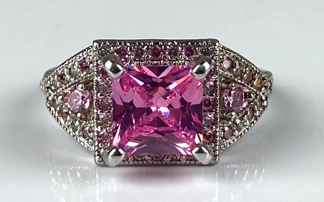 Silver Plated Pink CZ Costume Jewelry Ring (1 of 4)