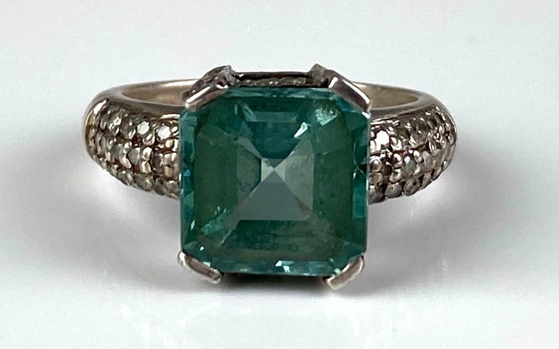 Sterling Silver Emerald Blue Topaz CZ Ring: Size 6 1/2