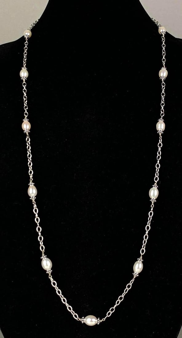 Signed Sterling Silver Pearl Bead Necklace: Measures 36? in length