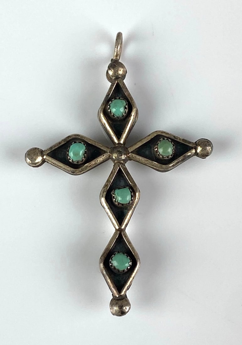 Sterling Silver Turquoise Coral Cross Pendant: Measures 2? H x 1 1/4? W