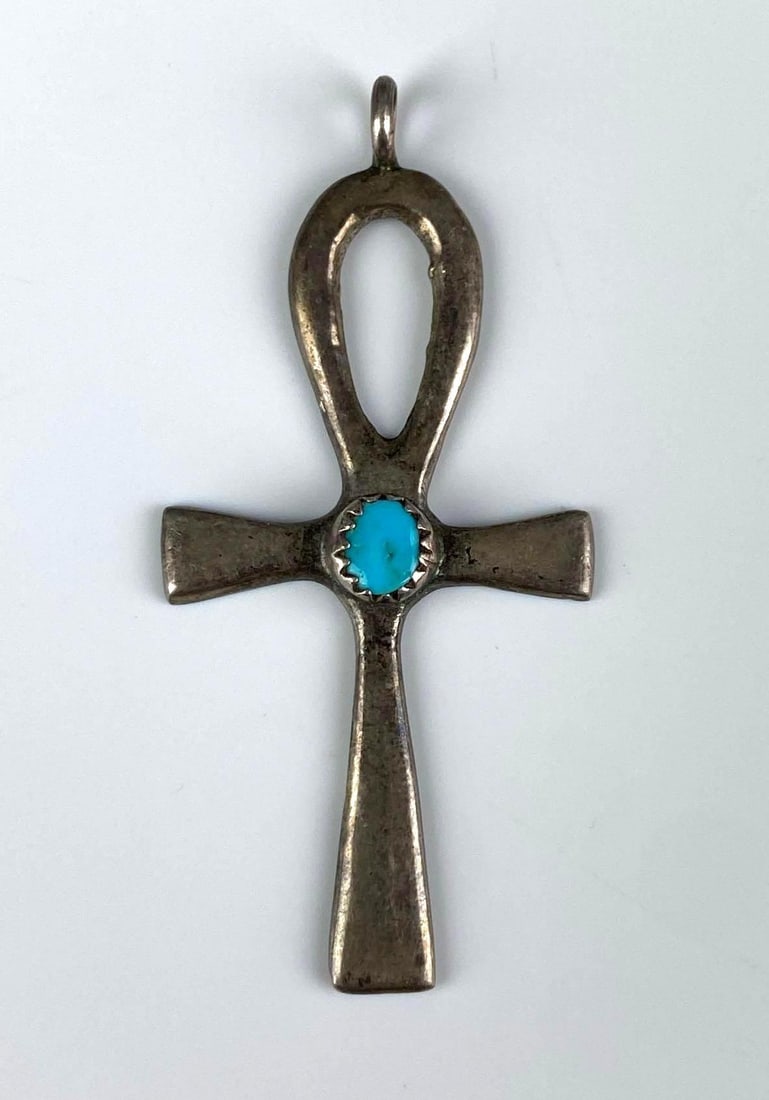 Sterling Silver Turquoise Ankh Pendant: Measures 2? H x 1? W