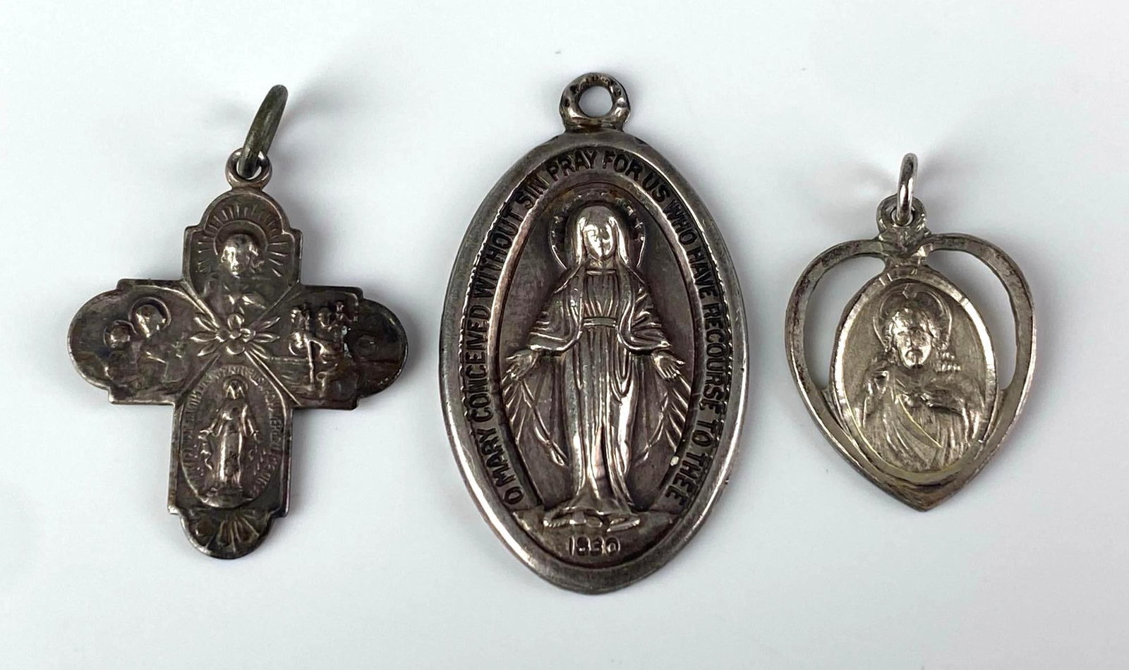 Group of 3 Sterling Silver Catholic Pendants: Largest measures