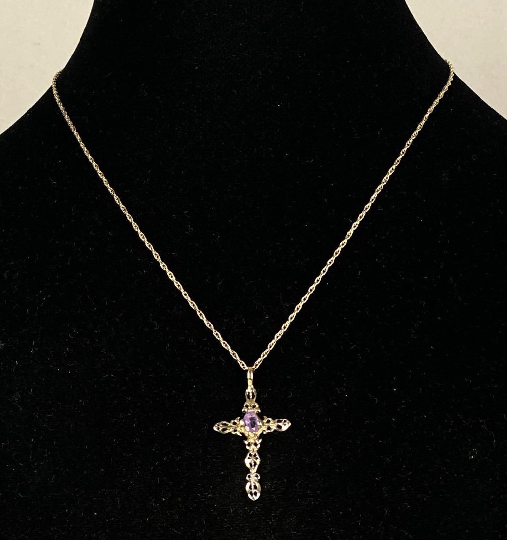 Sterling Silver Chain Necklace with Amethyst Cross Pendant (1 of 3)