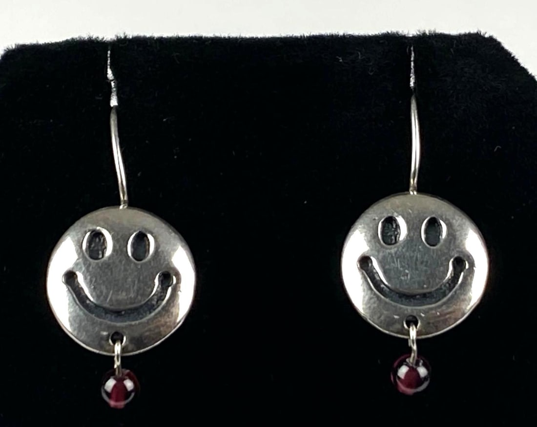 Pair of Sterling Silver Smiley Face Drop Earrings: Each measures 1 1/2? H