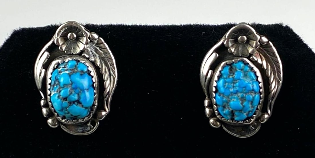 Pair of Sterling Silver Native American Turquoise Stud Earrings: Each measures