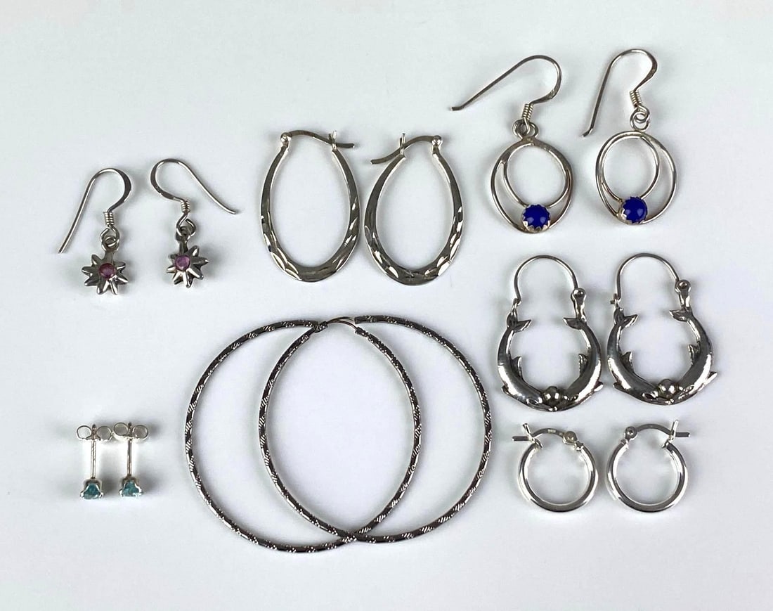 Group of Sterling Silver Earrings: Largest measures 1 1/2? H