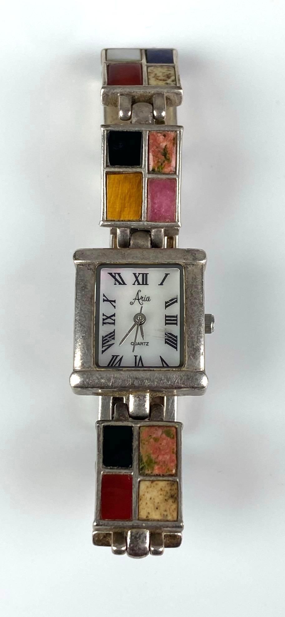 Aria Quartz Sterling Silver Multi-Stone Wristwatch: Untested, measures 7? in length