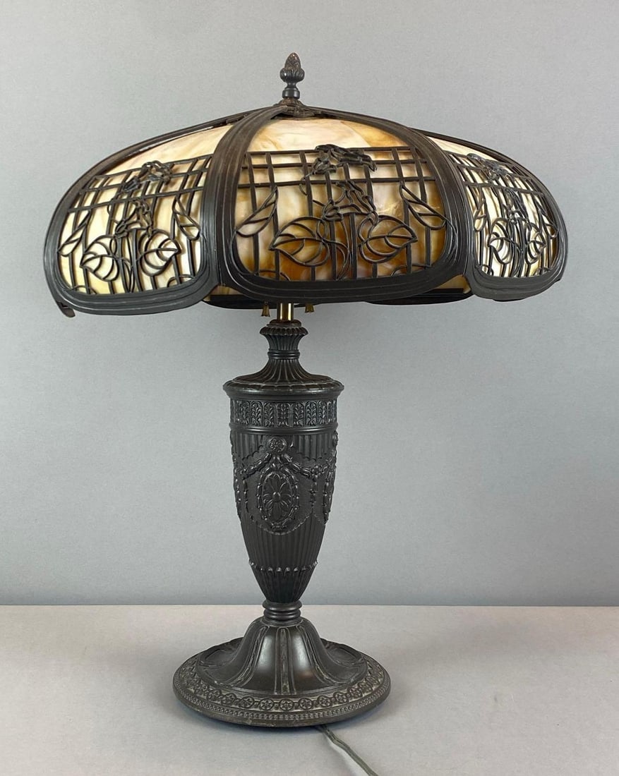 Antique Floral Table Lamp with Slag Glass Panel Shade (1 of 3)