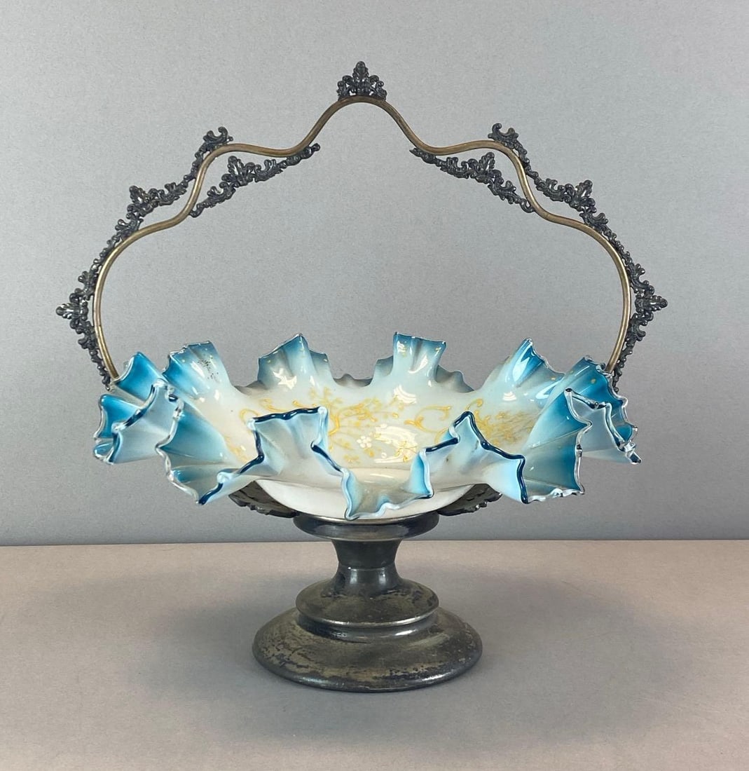 Antique Silver Plated Ruffled Ribboned Blue Glass Bridal Basket: Features hand painted floral motif on interior of bowl, Measures 12 1/2? H x 13? W x 11? D
