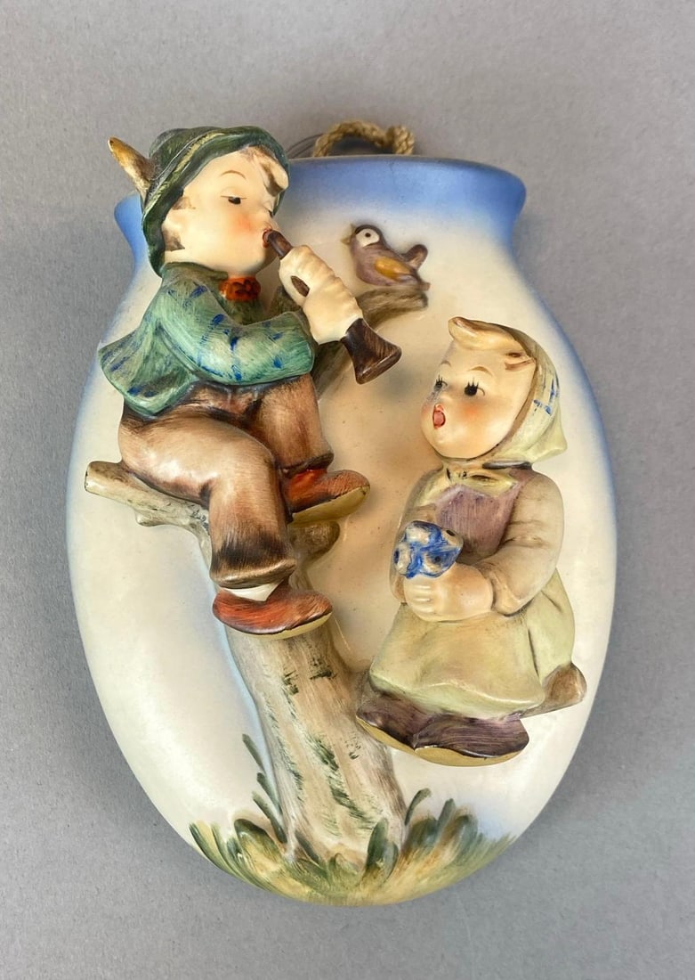 1958 W Goebel Hummel Boy and Girl Sitting In A Tree Porcelain Wall Pocket: Made in west Germany, Marked on back, measures 5 3/4? H x 4 1/2? W x 2 1/4? W