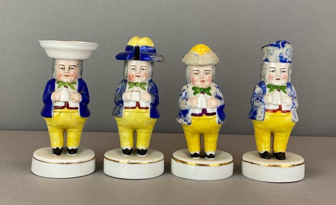 Group of 4 Antique Staffordshire Toby Figural Porcelain Condiment Set: All marked with small gold anchor, Largest measures 5 1/4? H