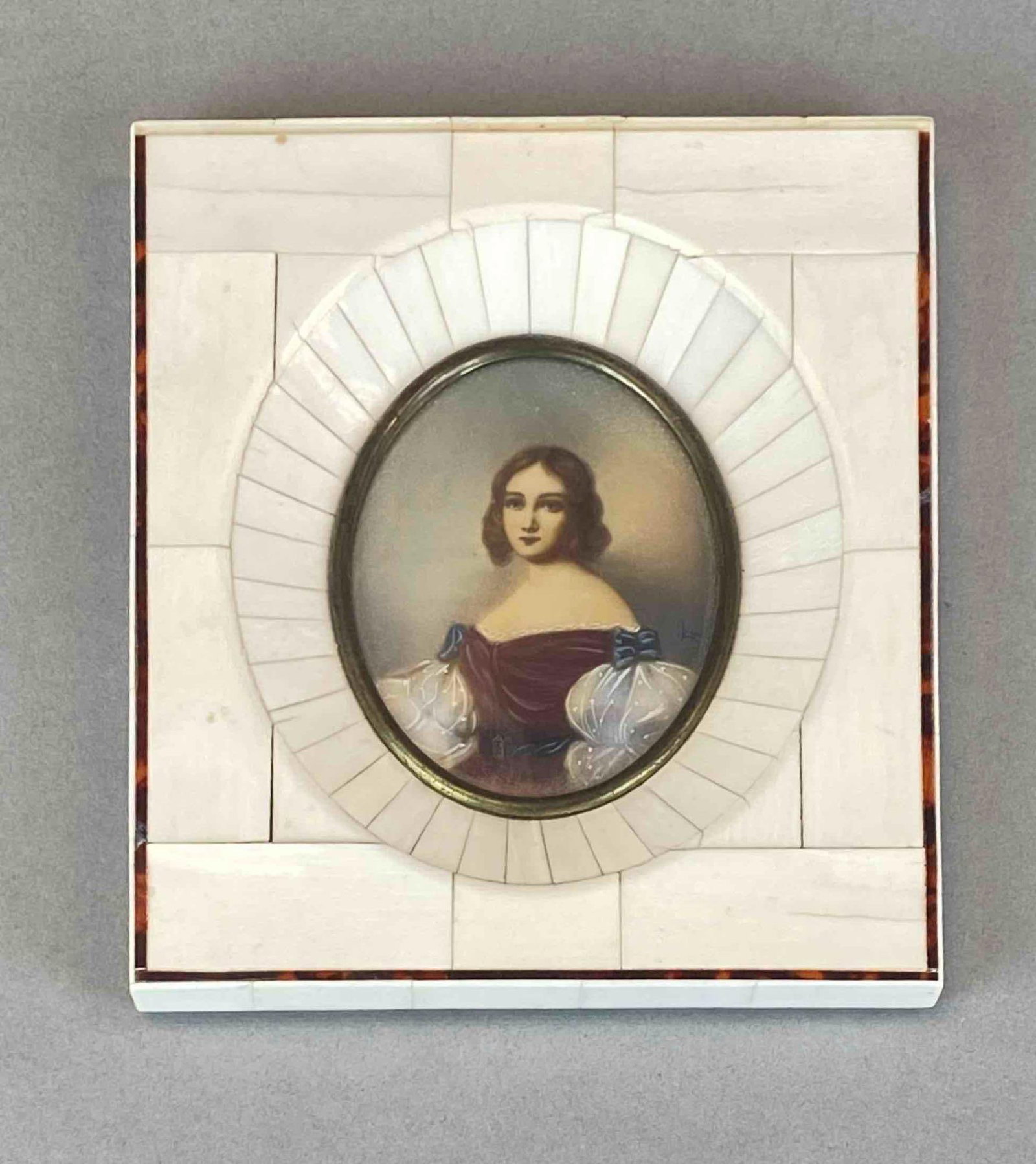 Antique Signed Miniature Women Portrait Oil Painting in Bone Frame (1 of 3)
