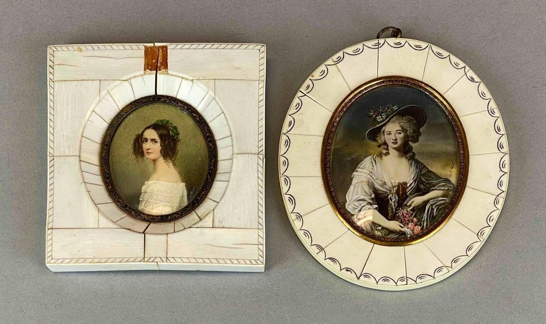 Group of 2 Antique Signed Miniature Woman Portrait Oil Paintings with Bone Frames (1 of 4)