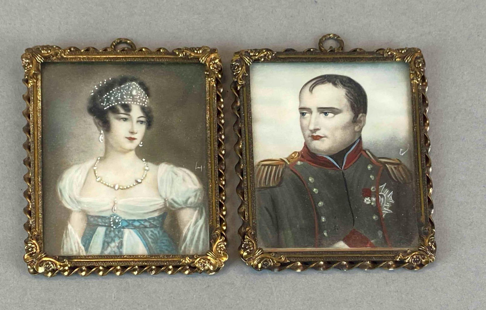 Group of 2 Antique Signed Miniature Portrait Oil Paintings of Napoleon and Wife Josephine: Featuring Napoleon Bonaparte and his first wife Empress Josephine. both signed on right side, features ornate brass frames, each measures 4 H x 3? W