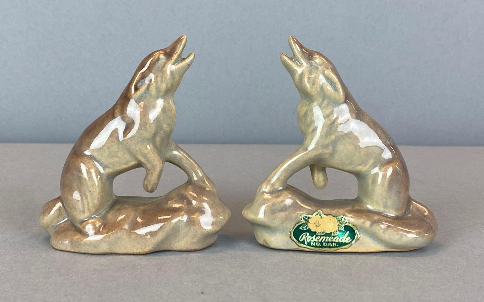 Rare Pair of Vintage Rosemeade Howling Coyote Pottery Salt and Pepper Shakers: One includes original maker sticker, each measures 3 1/2? H x 3? W x 1 1/4? D