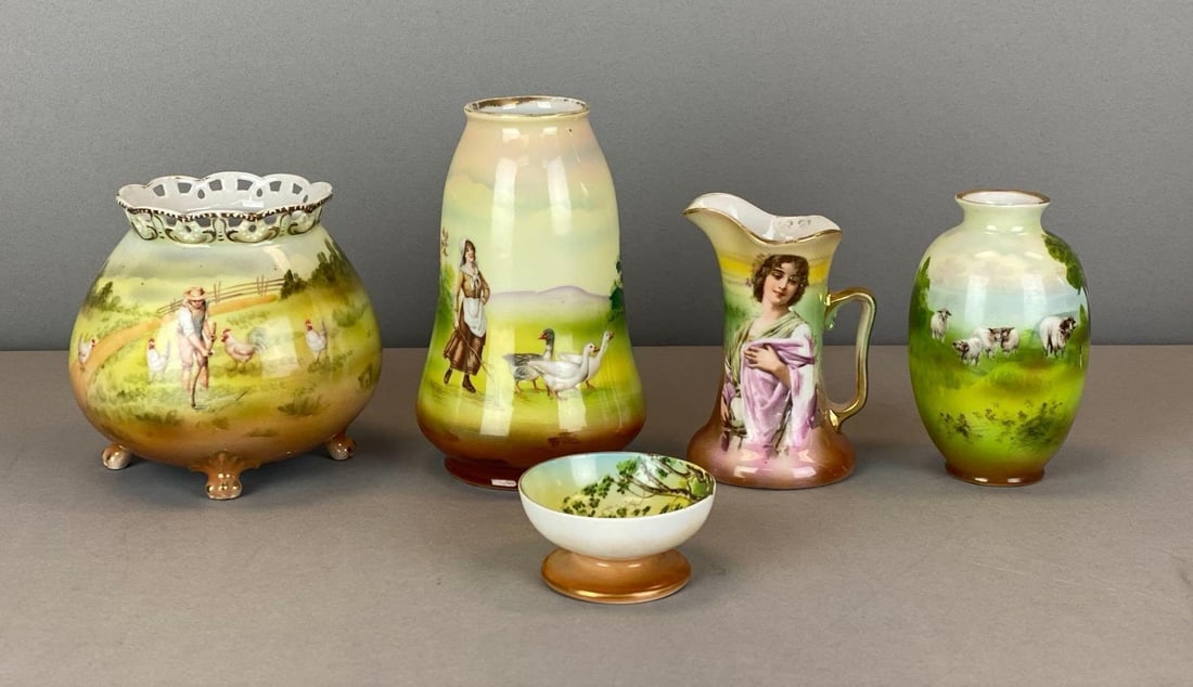 Group of 5 Antique Royal Bayreuth Pictorial Porcelain Items: All marked on base, Includes vase, trinket dish and more, largest measures 5 1/4? H x 3 1/4? W