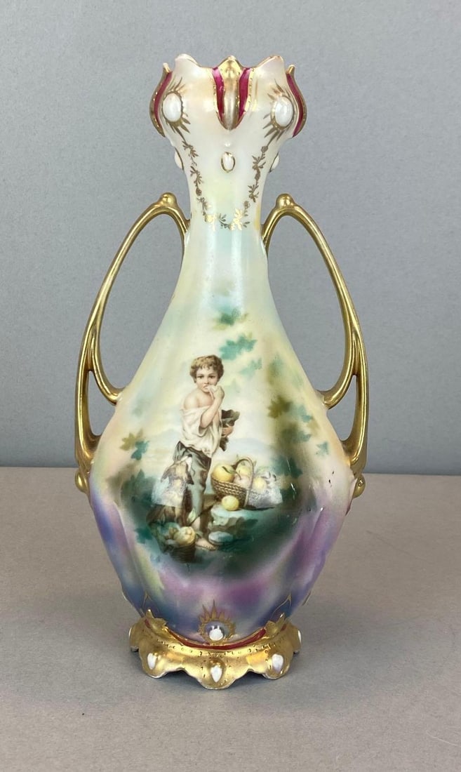 Antique RS Prussian Hand Painted Pictorial Porcelain Vase: Reinhold Schlegelmilch, Marked on base, measures 7 1/2? H x 3 1/2? W x 3 1/4? D