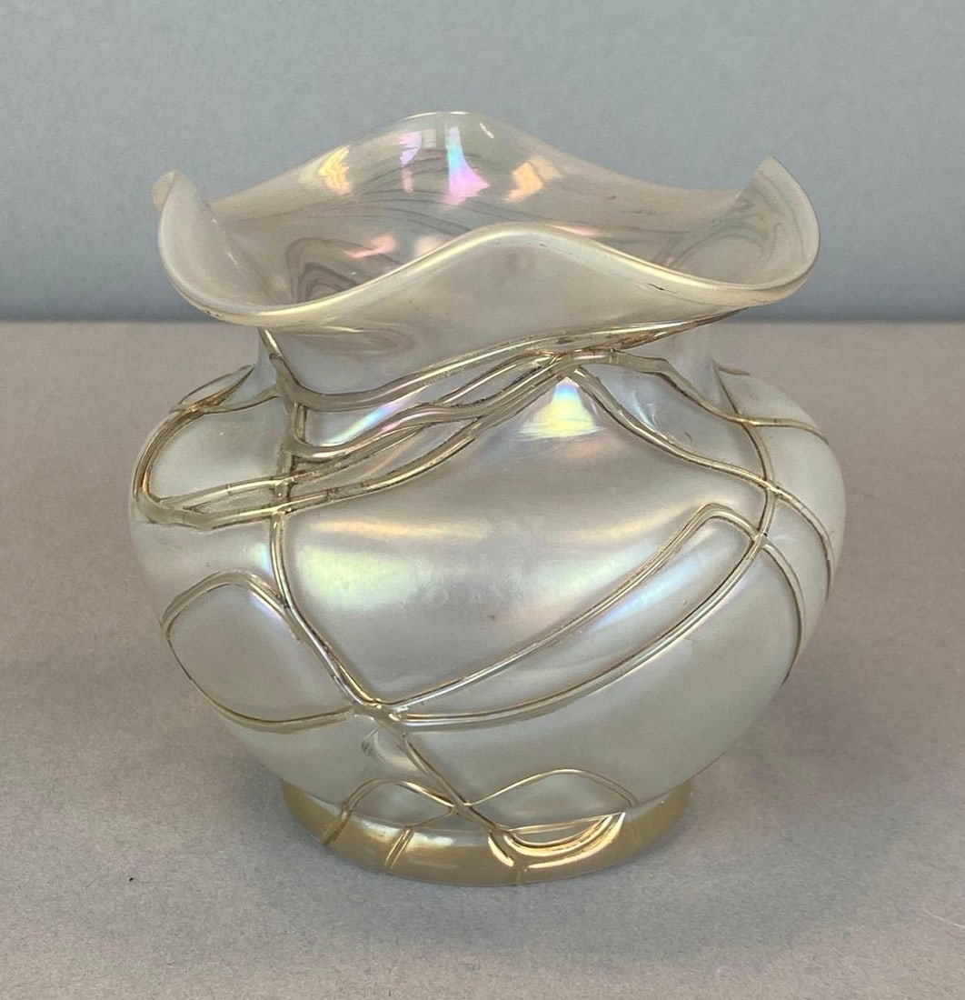 Vintage Satin Iridescent Ruffled Edge Webbed Art Glass Vase (1 of 5)