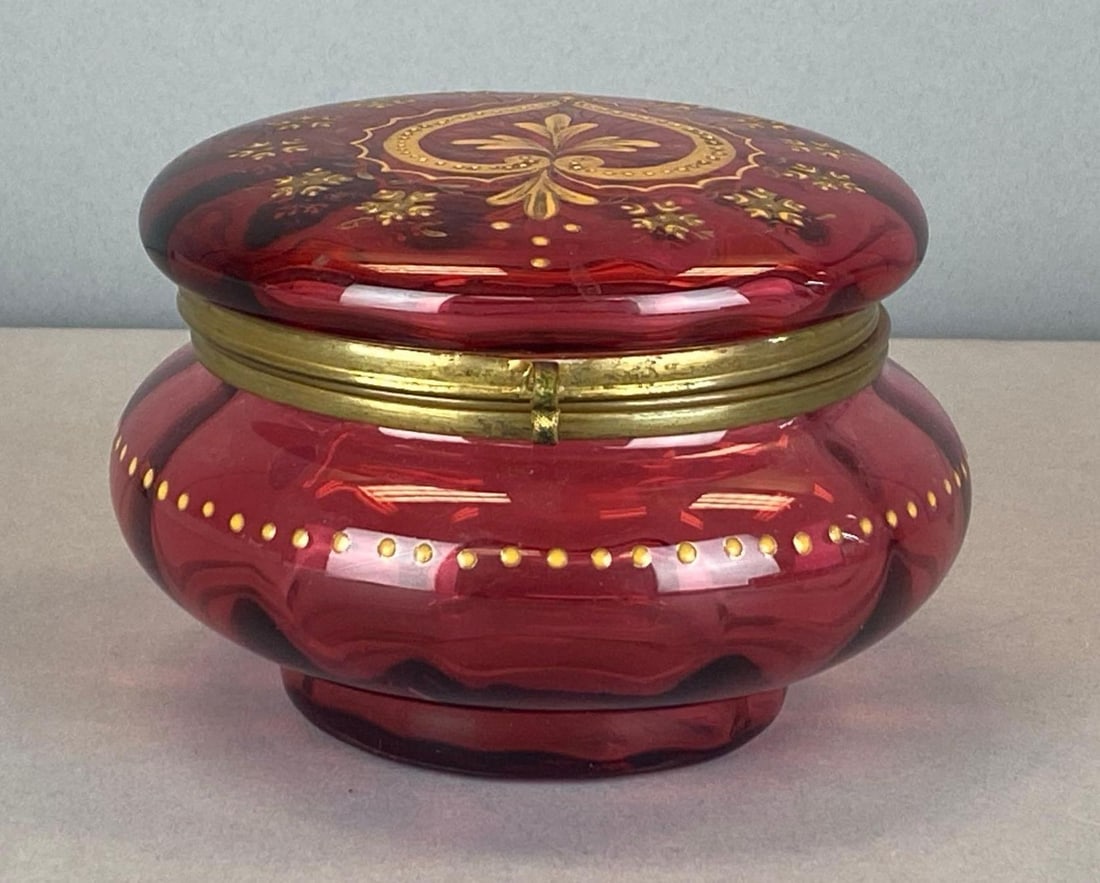 Antique Bohemian Hand Painted Enamel Cranberry Glass Dresser Box: Measures 3 1/2? H x 5? W x 5? D