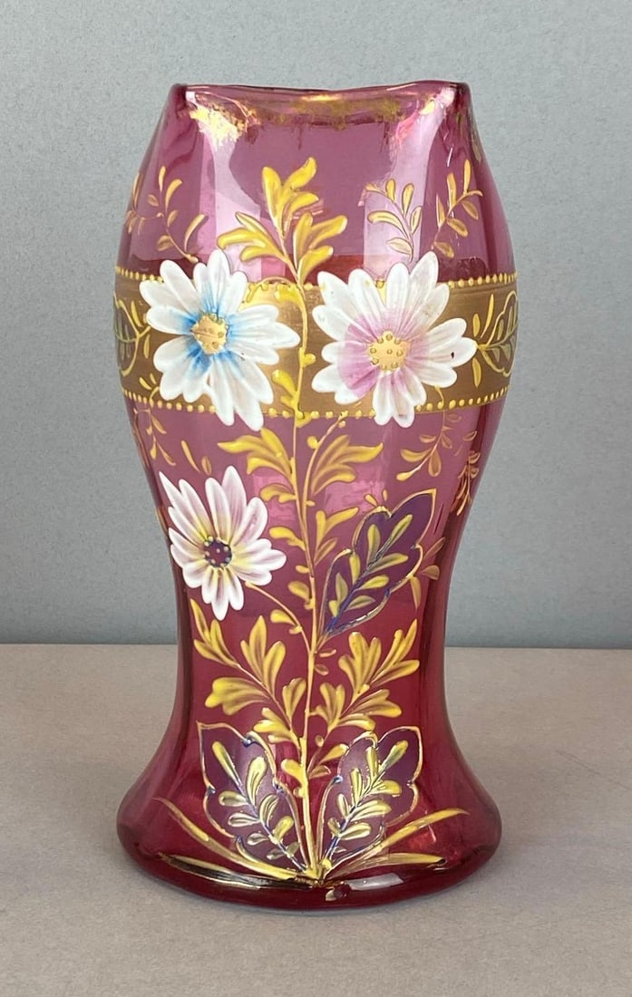 Antique Bohemian Hand Painted Floral Motif Cranberry Art Glass Vase (1 of 4)