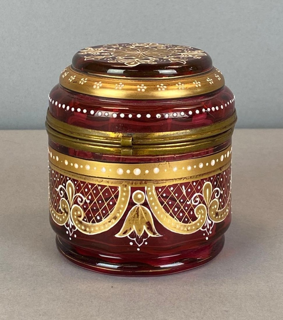 Antique Bohemian Hand Painted Cranberry Glass Dresser Box: Antique Bohemian Hand Painted Cranberry Glass Dresser BoxMeasures 3 1/2? H x 3 1/4? W x 3 1/4? D