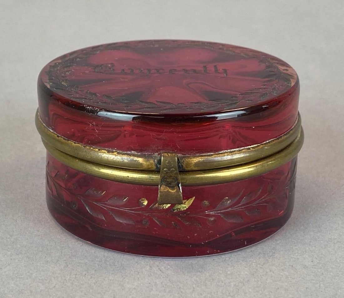 Antique Bohemian Etched Floral Cranberry Glass Trinket Box: Faceted pontil mark shown, marked Bayreuth on lid, measures 1 1/2? H x 3 1/4? W x 3 1/2? D