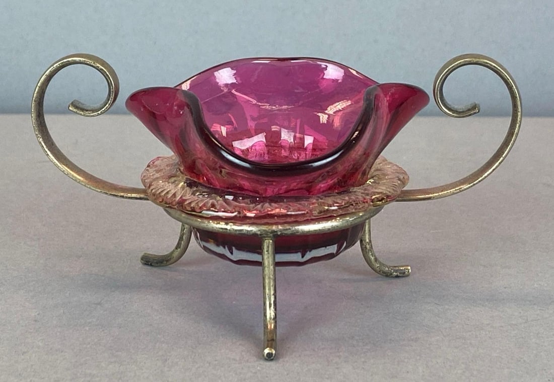 Vintage Cranberry Vaseline Ruffled Edge Art Glass Salt (1 of 5)