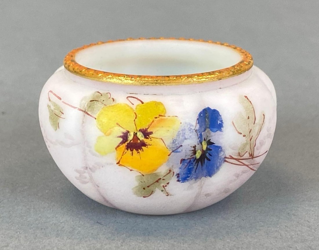 Antique Mount Washington Floral Motif Satin Porcelain Salt: Measures 1 1/4? H x 2? W x 2? D