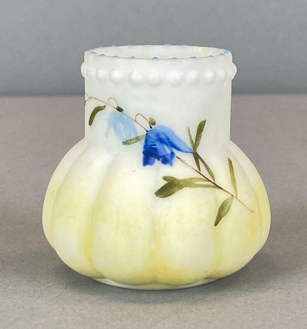 Antique Mount Washington White Floral Motif Yellow Ombr? Lobed Art Glass Toothpick Holder: Possibly Mt Washington, Small chip on rim, measures 2 1/4? H x 2 1/4? W